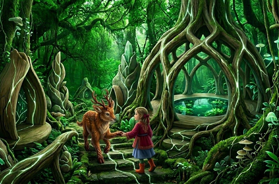 girl in crimson tunic leading a spotted fawn up stone steps in a mystical, bioluminescent ancient forest.