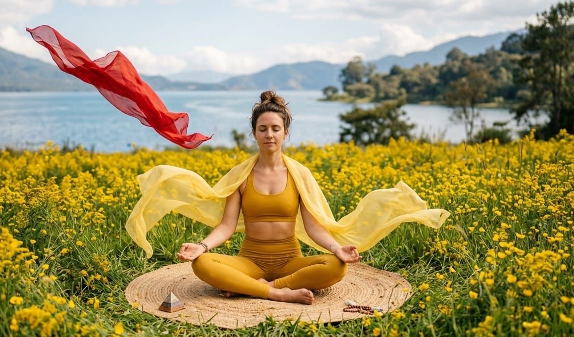 Mujer meditando en campo amarillo frente a un lago, simbolizando el proceso de cortar lazos energéticos mediante una seda roja que se desprende y vuela lejos.