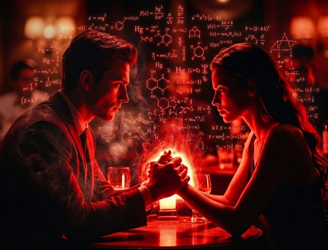 Concepto visual de la química de pareja: hombre y mujer  en ambiente romántico, chispas de fuego místico y diagramas de estructuras molecular flotando