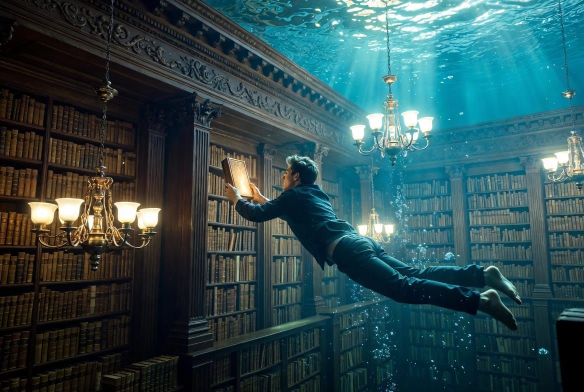 Hombre  nadando en una antigua biblioteca inundada bajo el agua, alcanzando un libro luminoso entre los estantes, simbolizando la búsqueda en los Registros Akáshicos