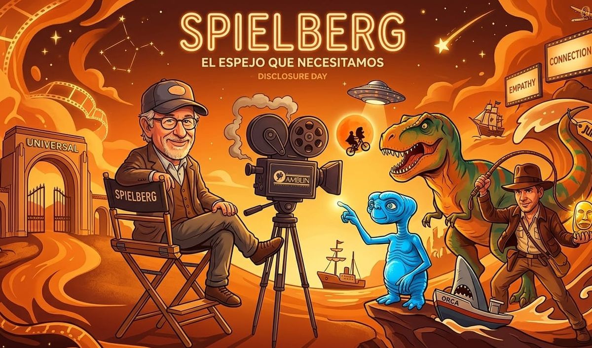 Spielberg y sus personajes más icónicos (E.T., Indiana Jones, T-Rex) en un estilo vintage naranja