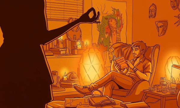 Arte digital "graphic novel" que muestra a un actor en un ambiente introspectivo, ilustrando el concepto de el escenario como espacio terapéutico y autodescubrimiento.
