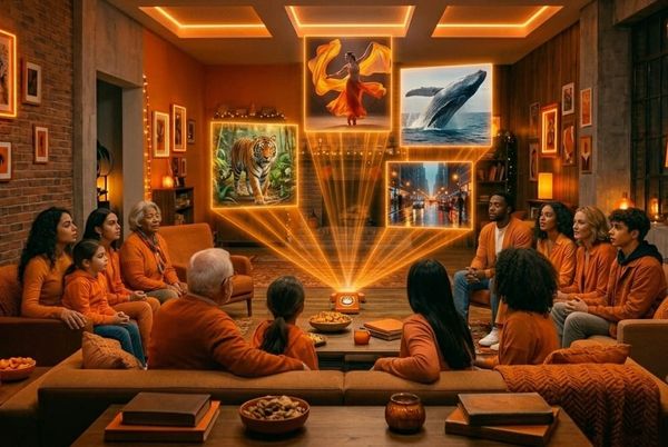 intersección entre la tecnología antigua y la innovación digital, con personas de todas las edades conectando a través de recuerdos holográficos.