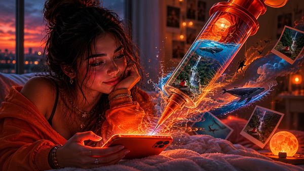 Mujer interactuando con su celular, arte, naturaleza y creatividad 
