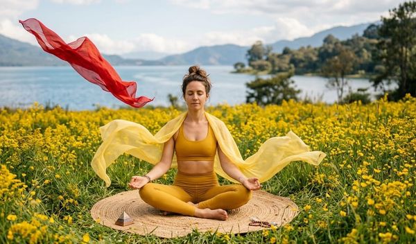Mujer meditando en campo amarillo frente a un lago, simbolizando el proceso de cortar lazos energéticos mediante una seda roja que se desprende y vuela lejos.