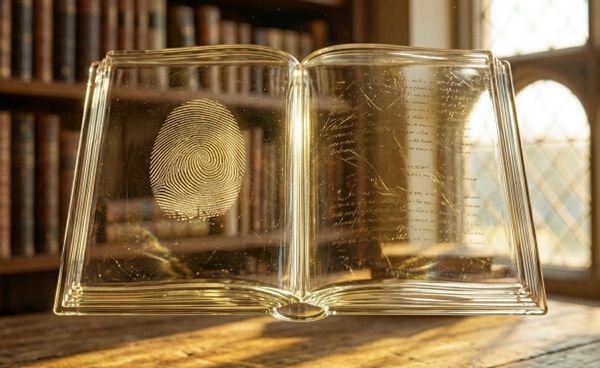 Libro de cristal con huella dactilar iluminado por luz solar en una biblioteca antigua.