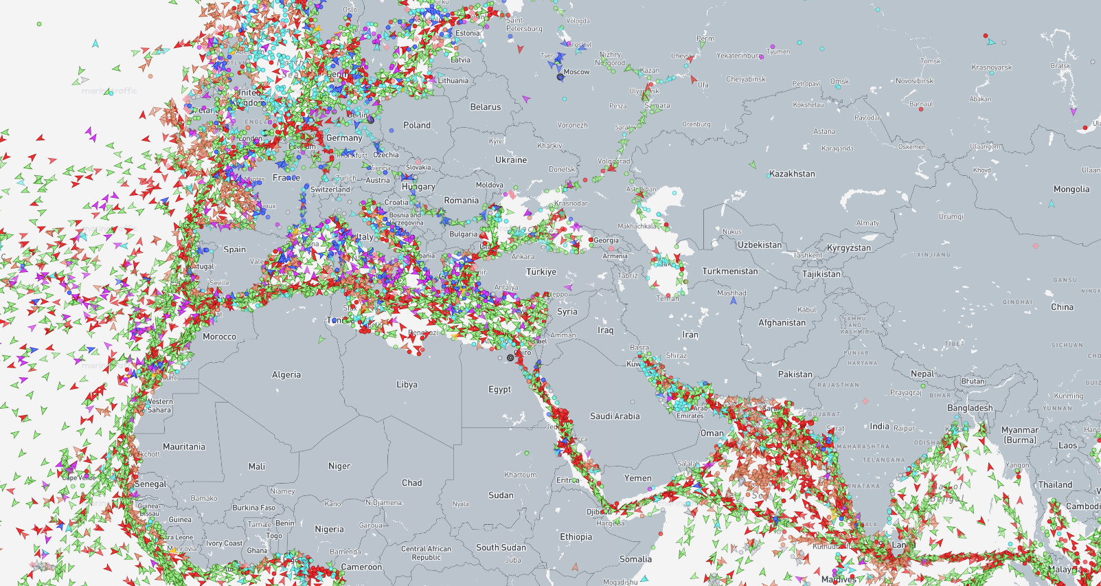 Map of ommercial vessel map based on AIS signals.  Source: MarineTraffic.com, Kpler
