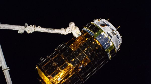 Photo of HTV-9 (Kounotori-9) captured by the ISS Canadarm2 as it delivered 4 tons of supplies in May 2020. 