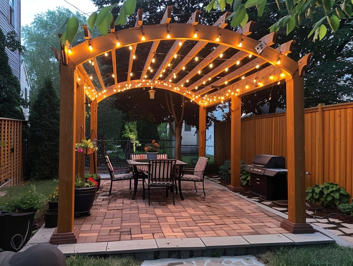 Fairy lights illuminating a patio's archway