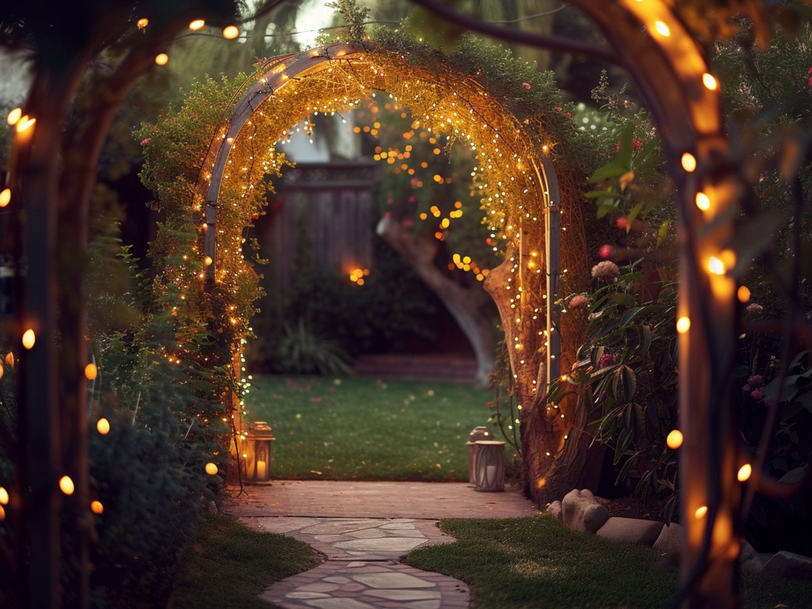 backyard archway with string lights