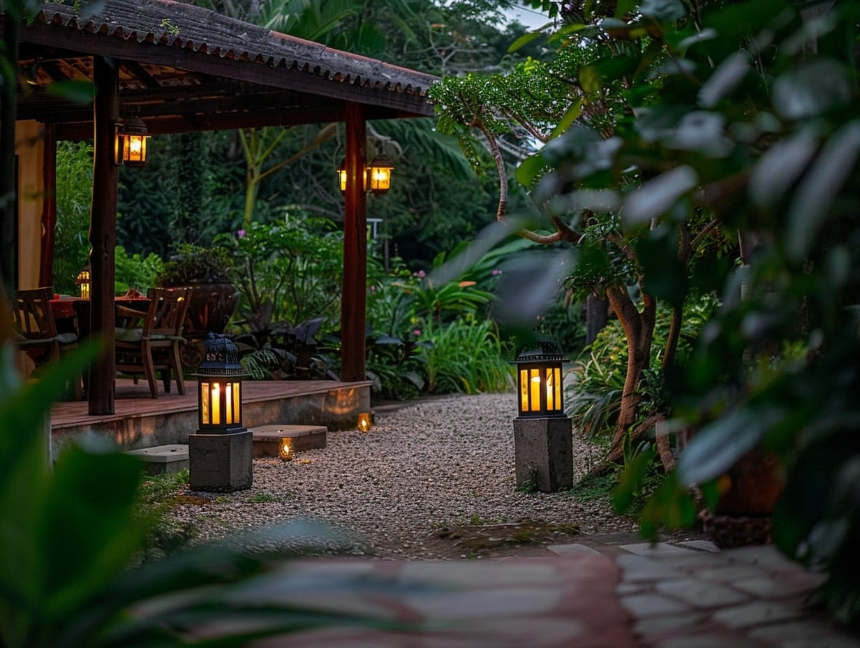 Battery-powered lantern lamps placed along a walkway leading to an outdoor patio