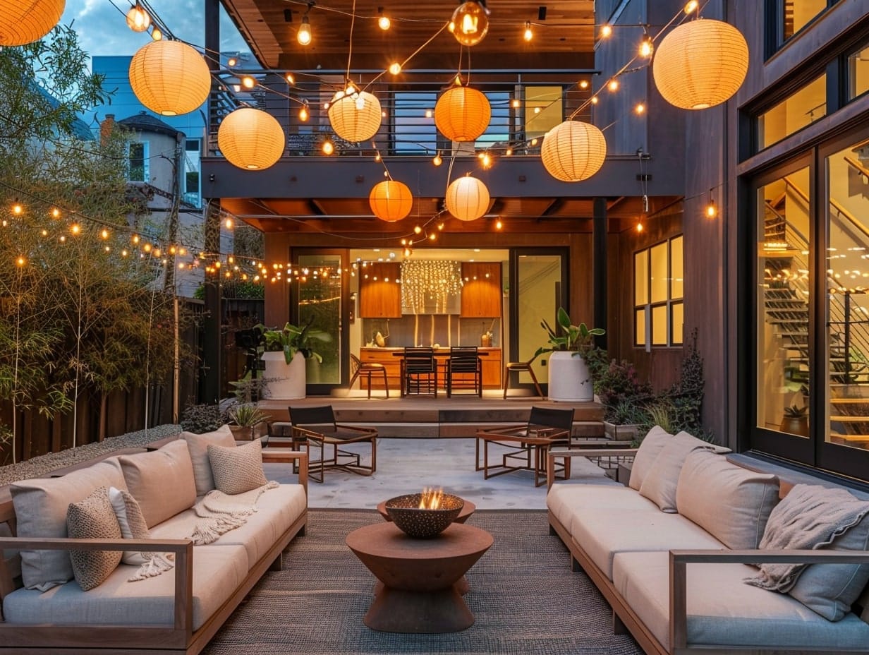 Boho lantern string lights decorating a patio from above