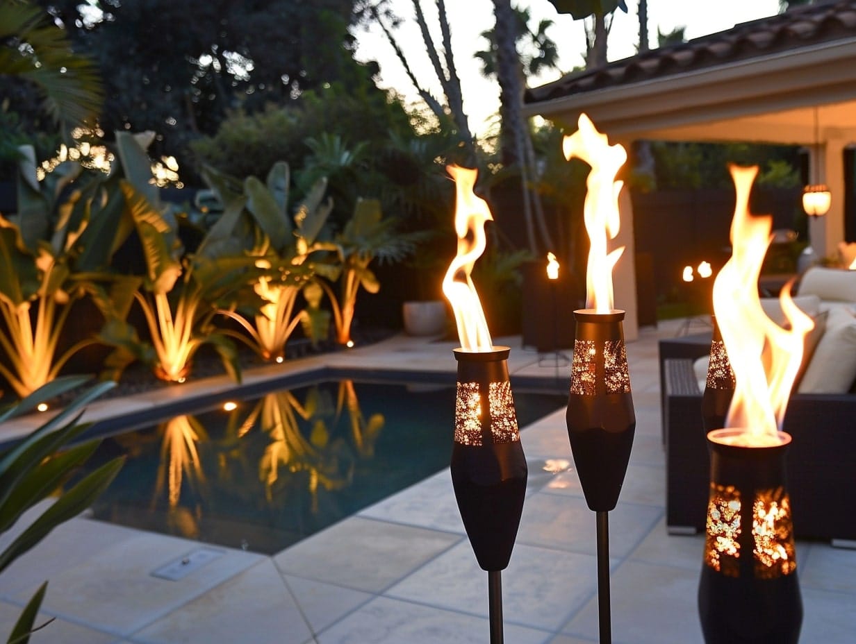Torch stakes installed around a patio for illumination and bug repellence 