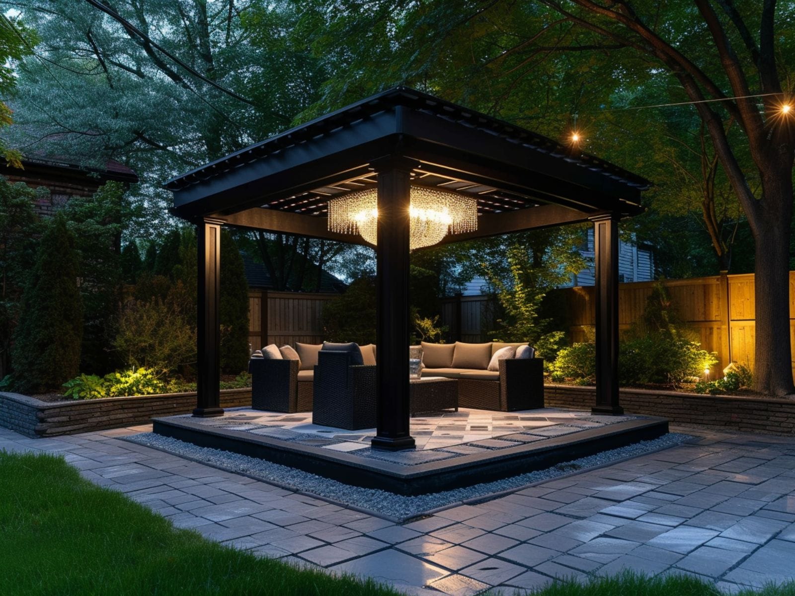 a garden gazebo with a chandelier