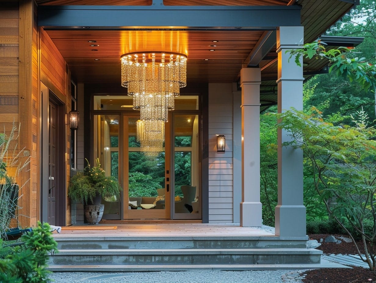 A large chandelier hanging in the front porch of a house