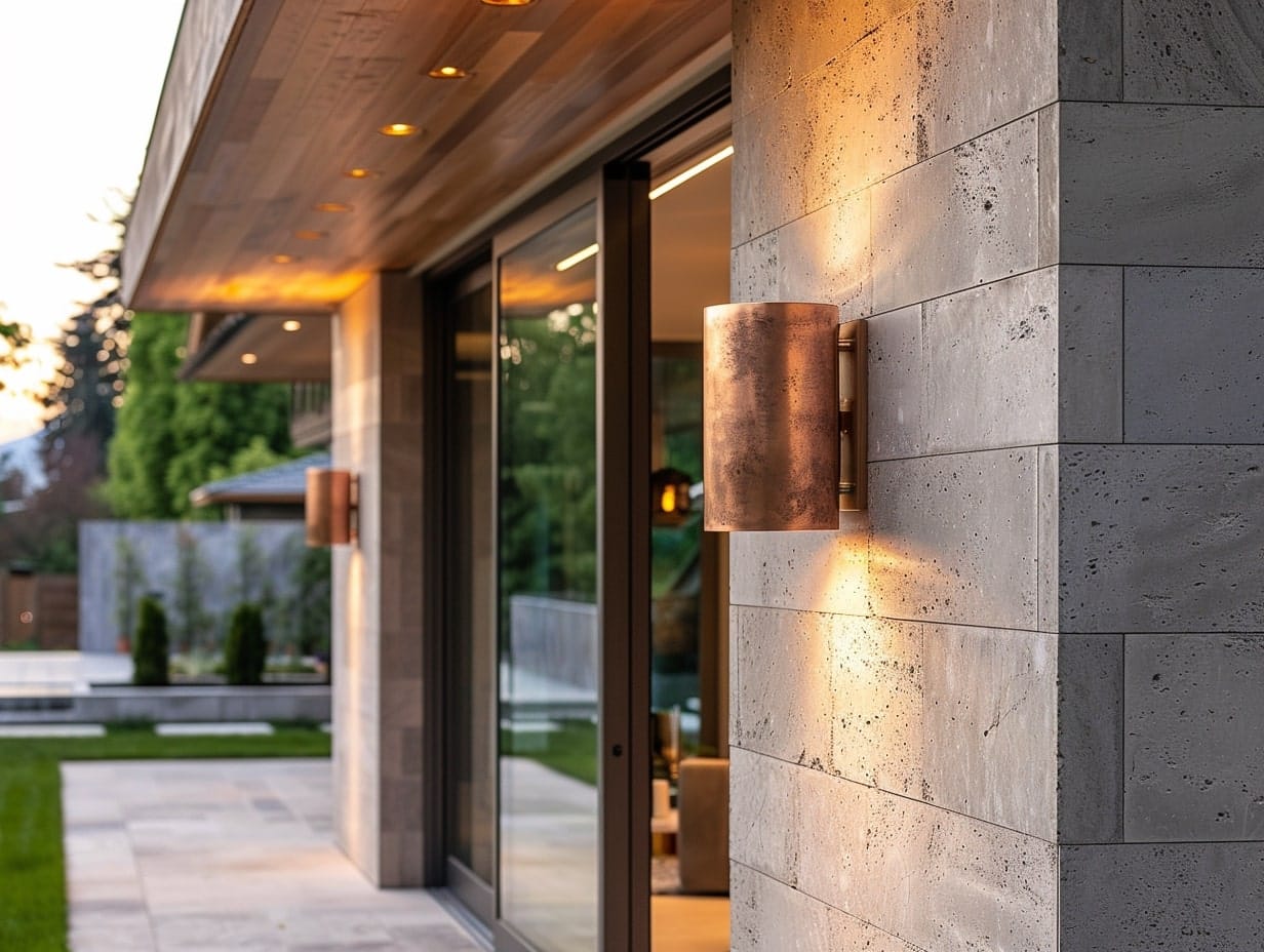 Copper wall sconces mounted on front door walls