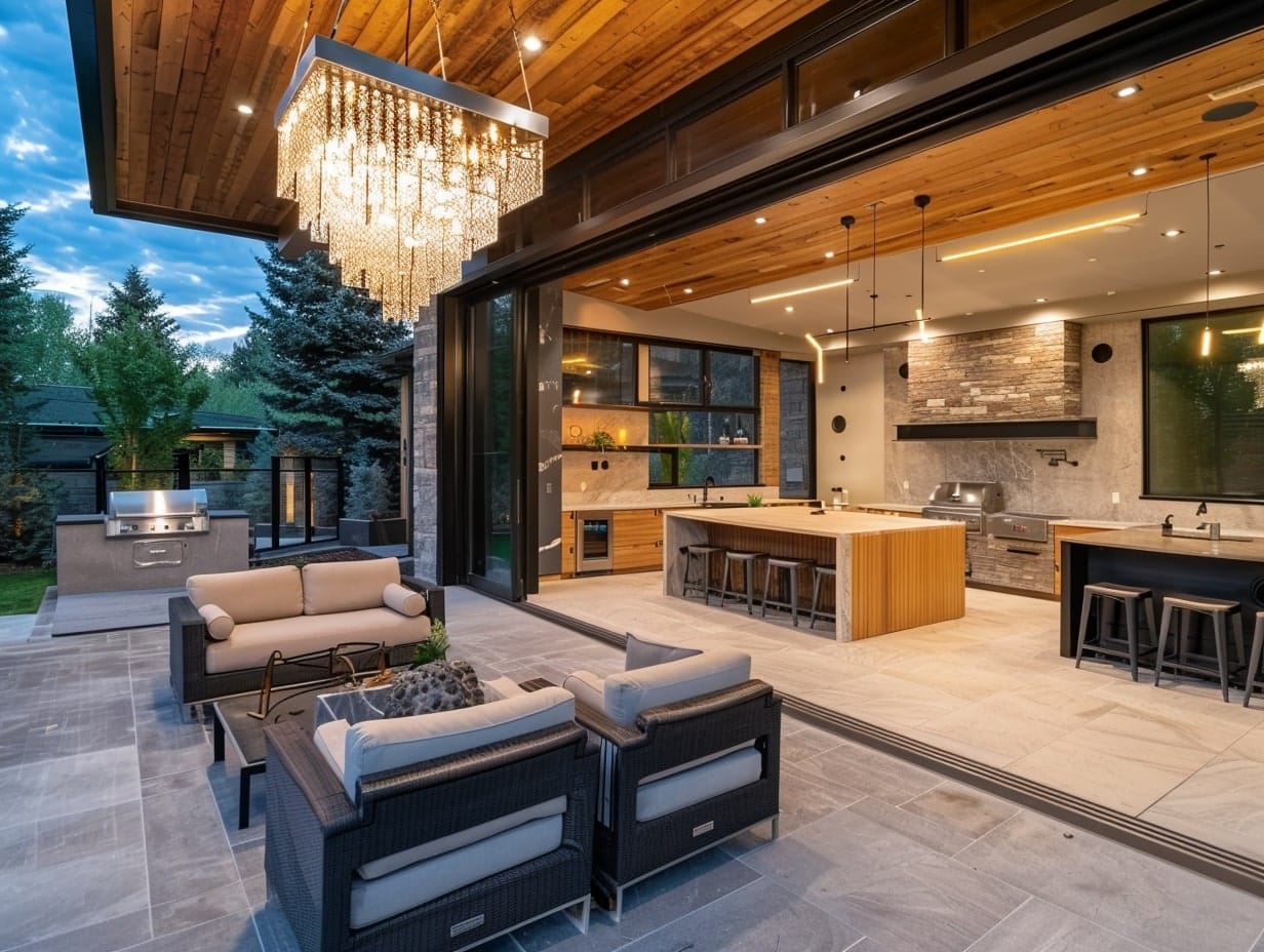 A large chandelier hanging from the roof of a covered patio