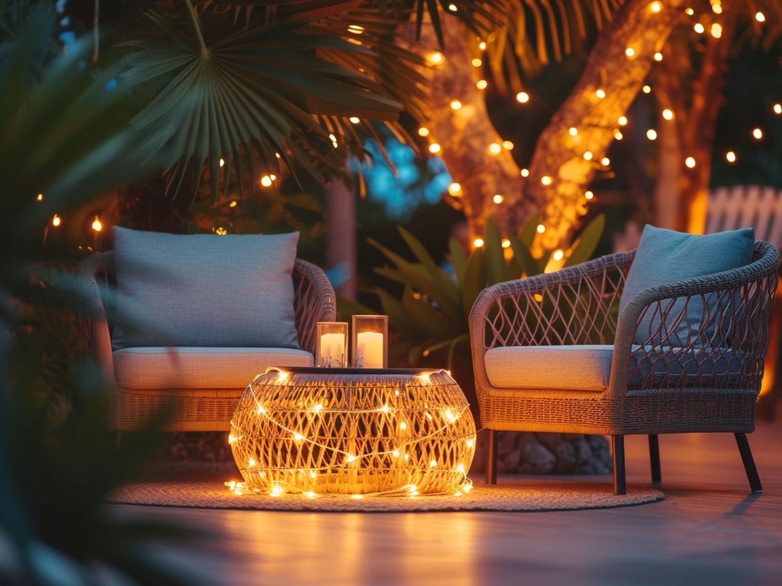 backyard deck with furniture covered in string lights