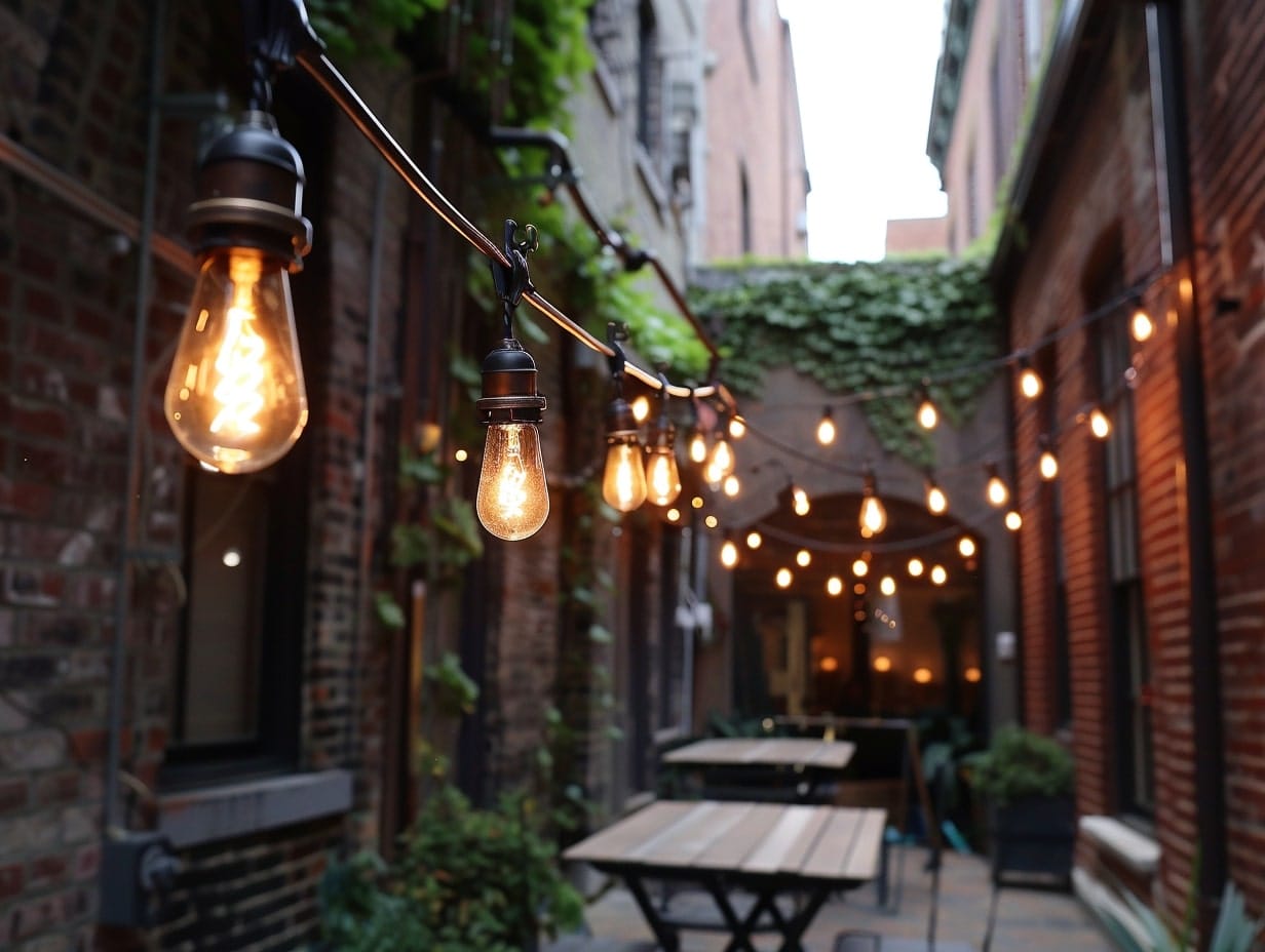 A flowing canopy of Edison bulb string lights decorating a patio