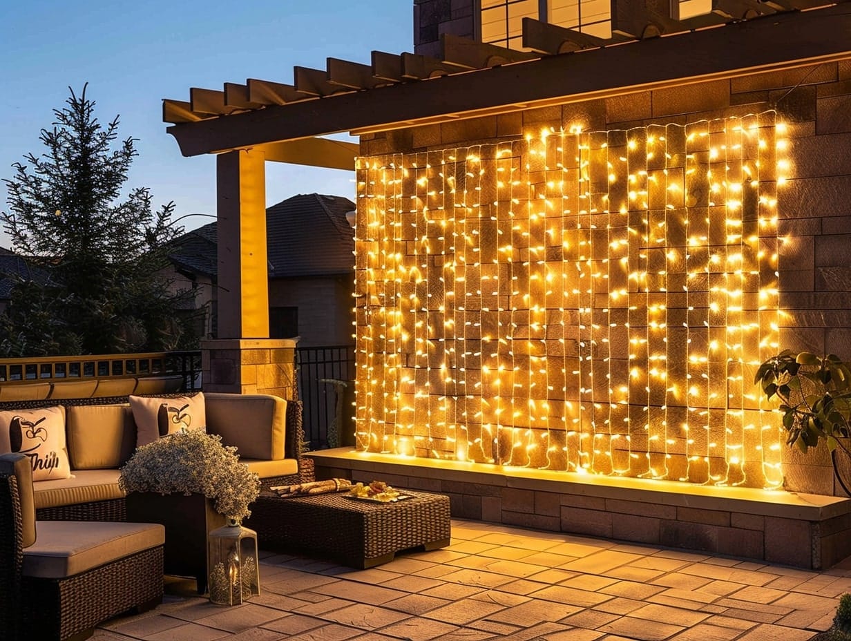 A patio wall covered with vibrant fairy lights
