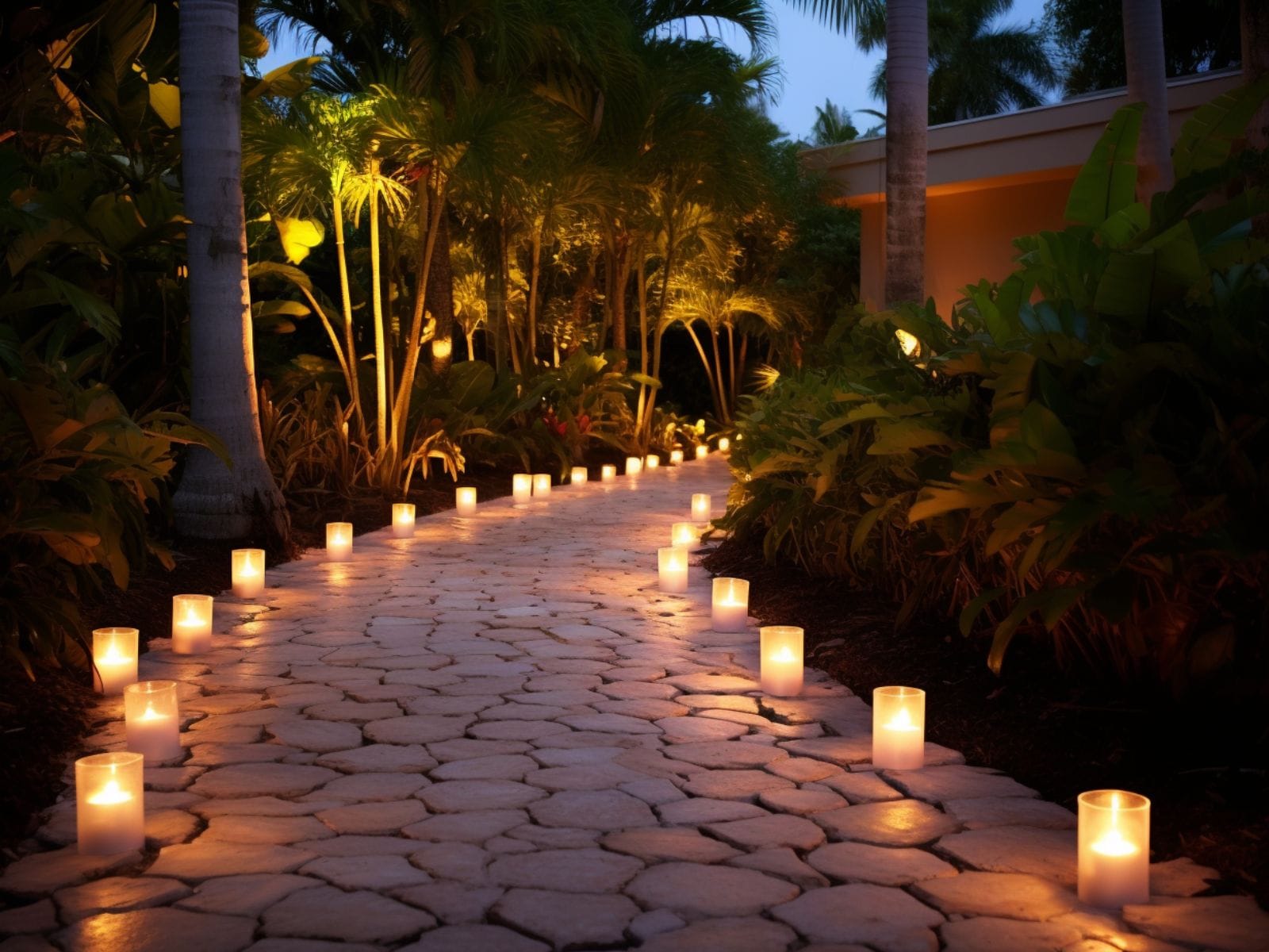 backyard pathway with faux candles