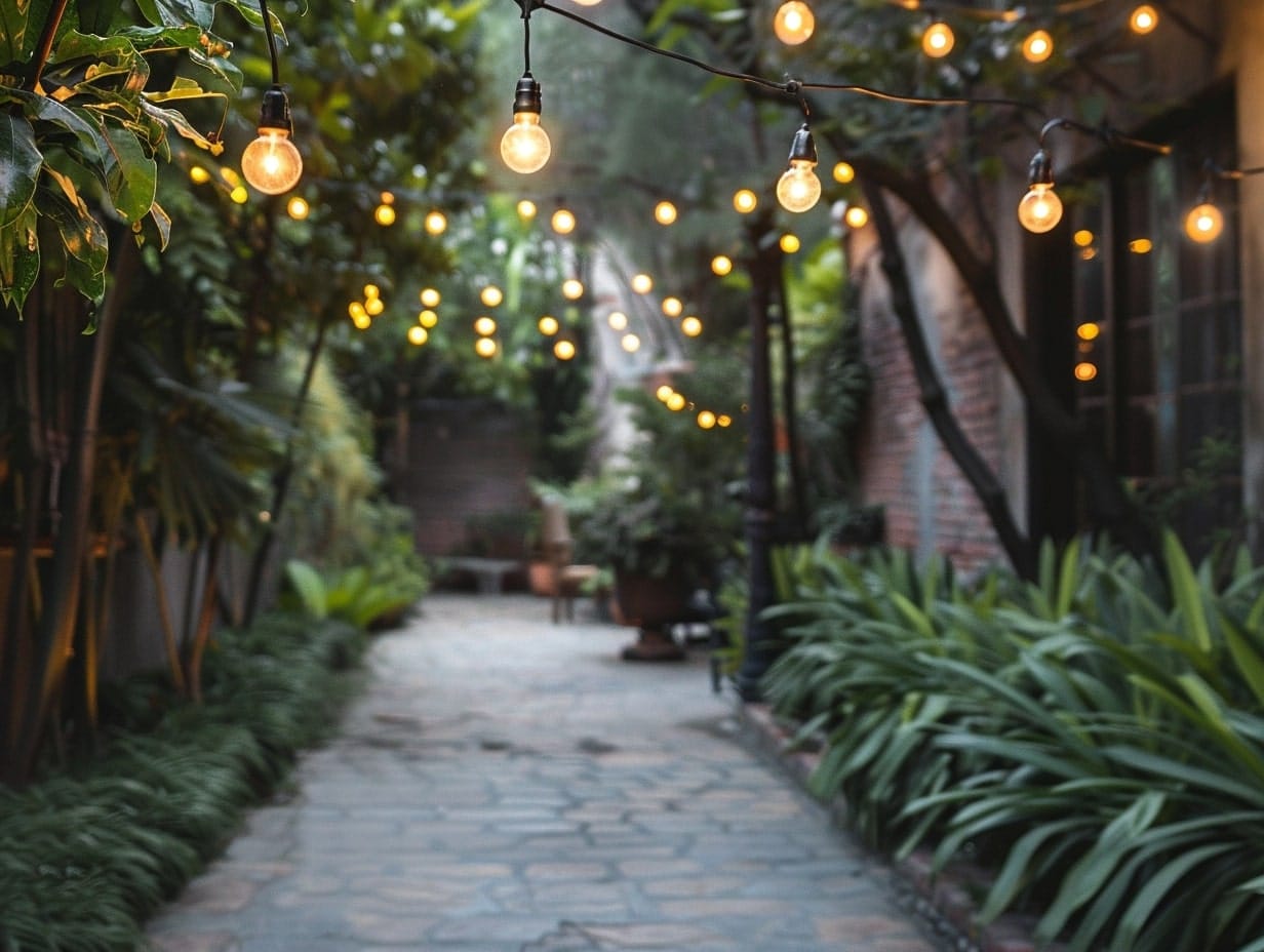 Festoon lights hanging along the walkway leading to the patio