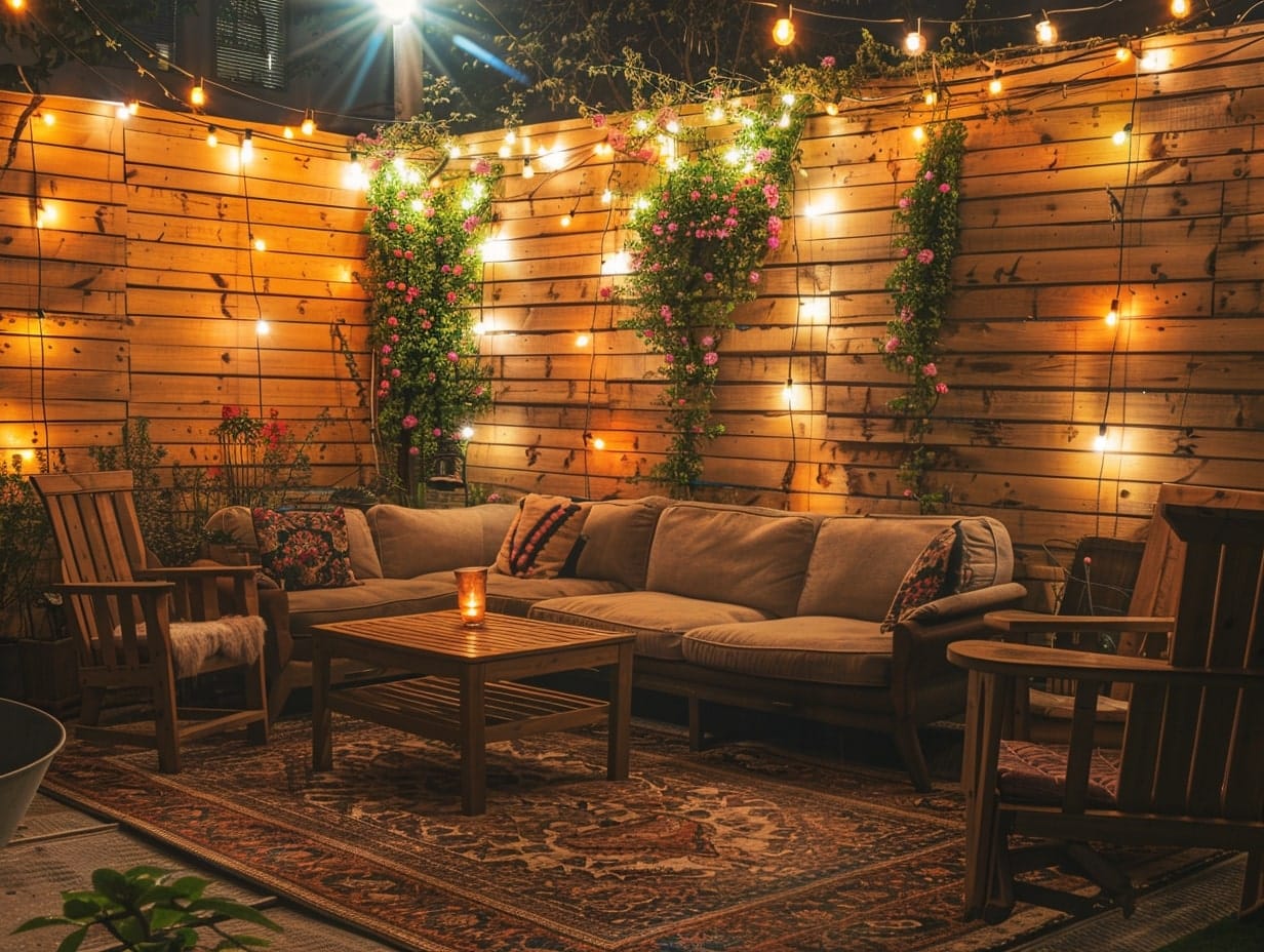 Festoon light strands decorating an outdoor patio