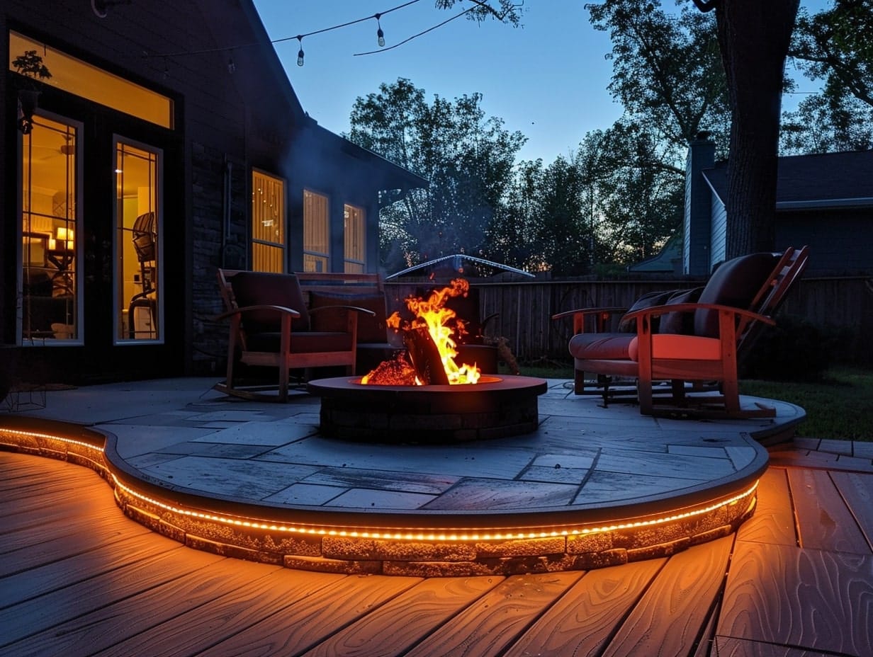 A patio fire pit boundary highlighted with LED string lights