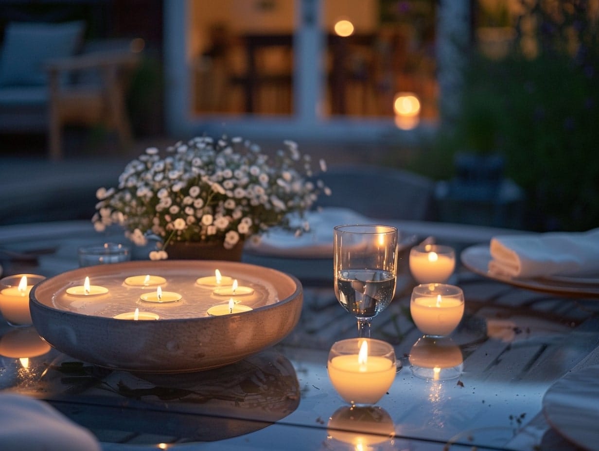 A bowl of floating candles decorating a patio dining area 