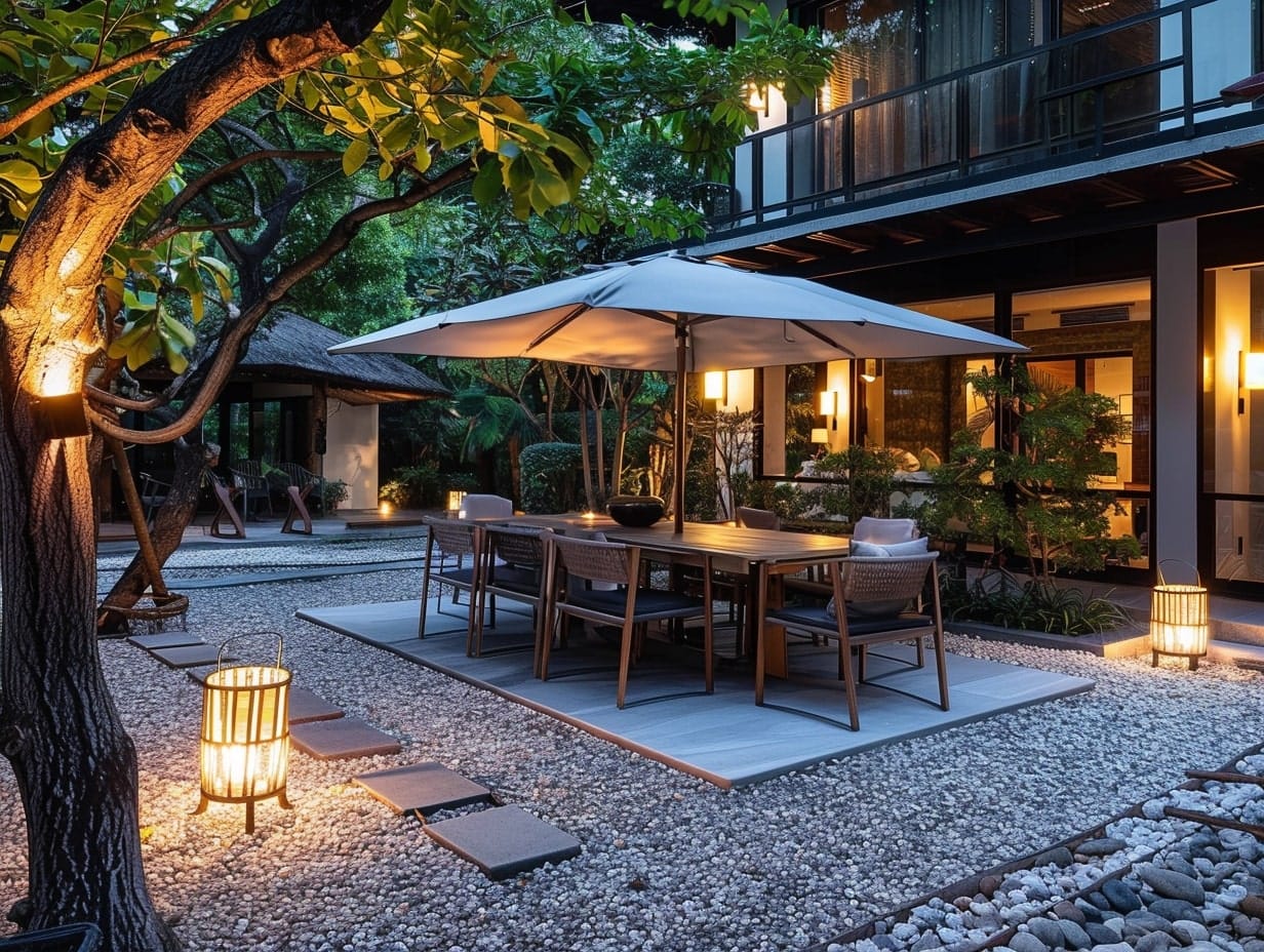 Artistic floor lamps placed on either side of a patio dining area