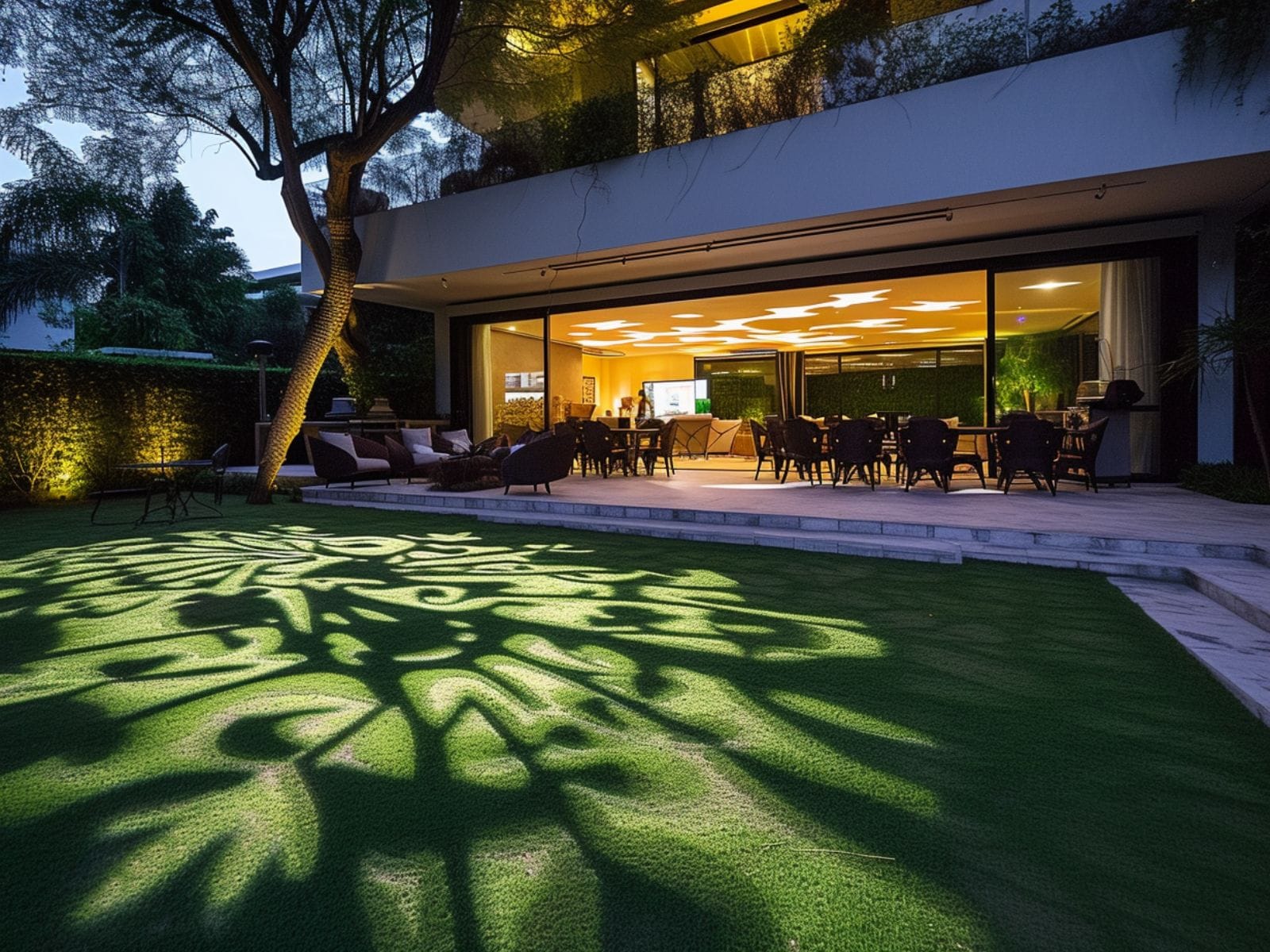 projector lights on backyard garden lawn