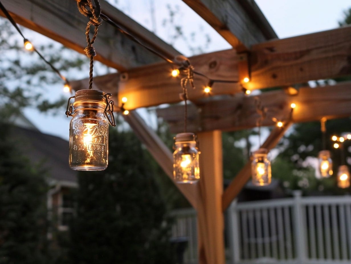 Mason jar string lights hanging from a pergola roof