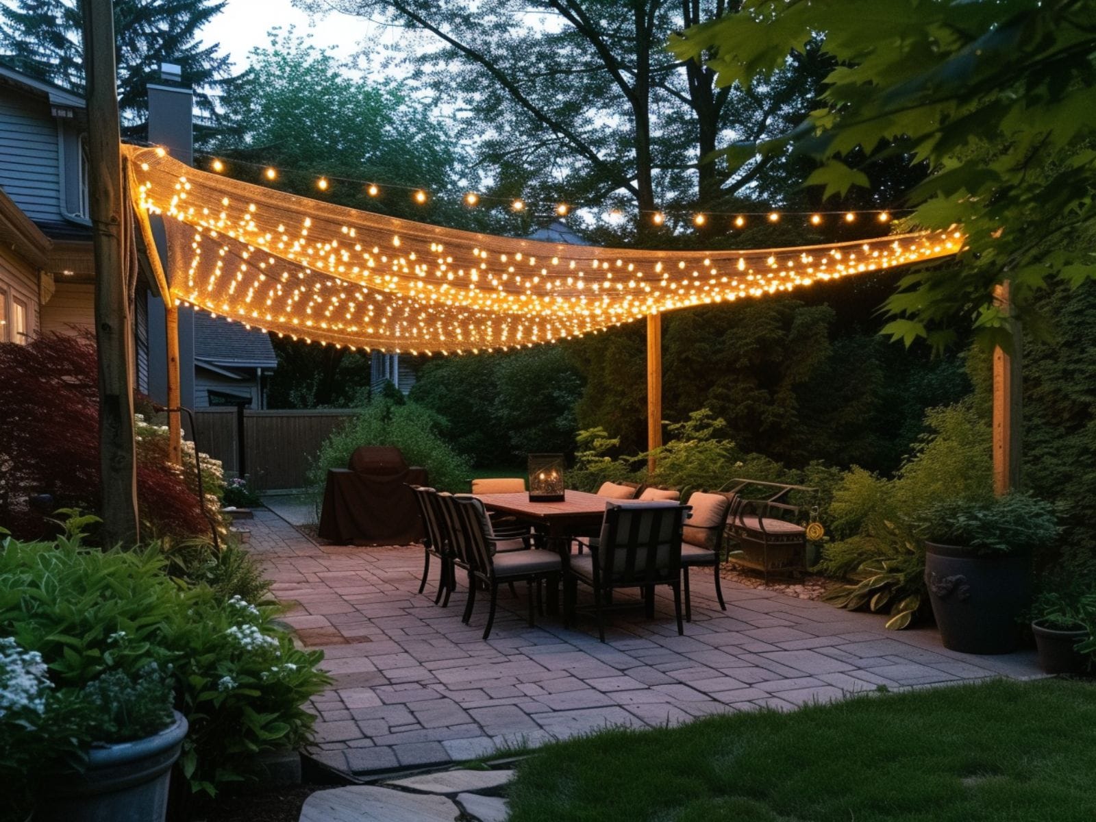 illuminated canopy over a backyard seating area