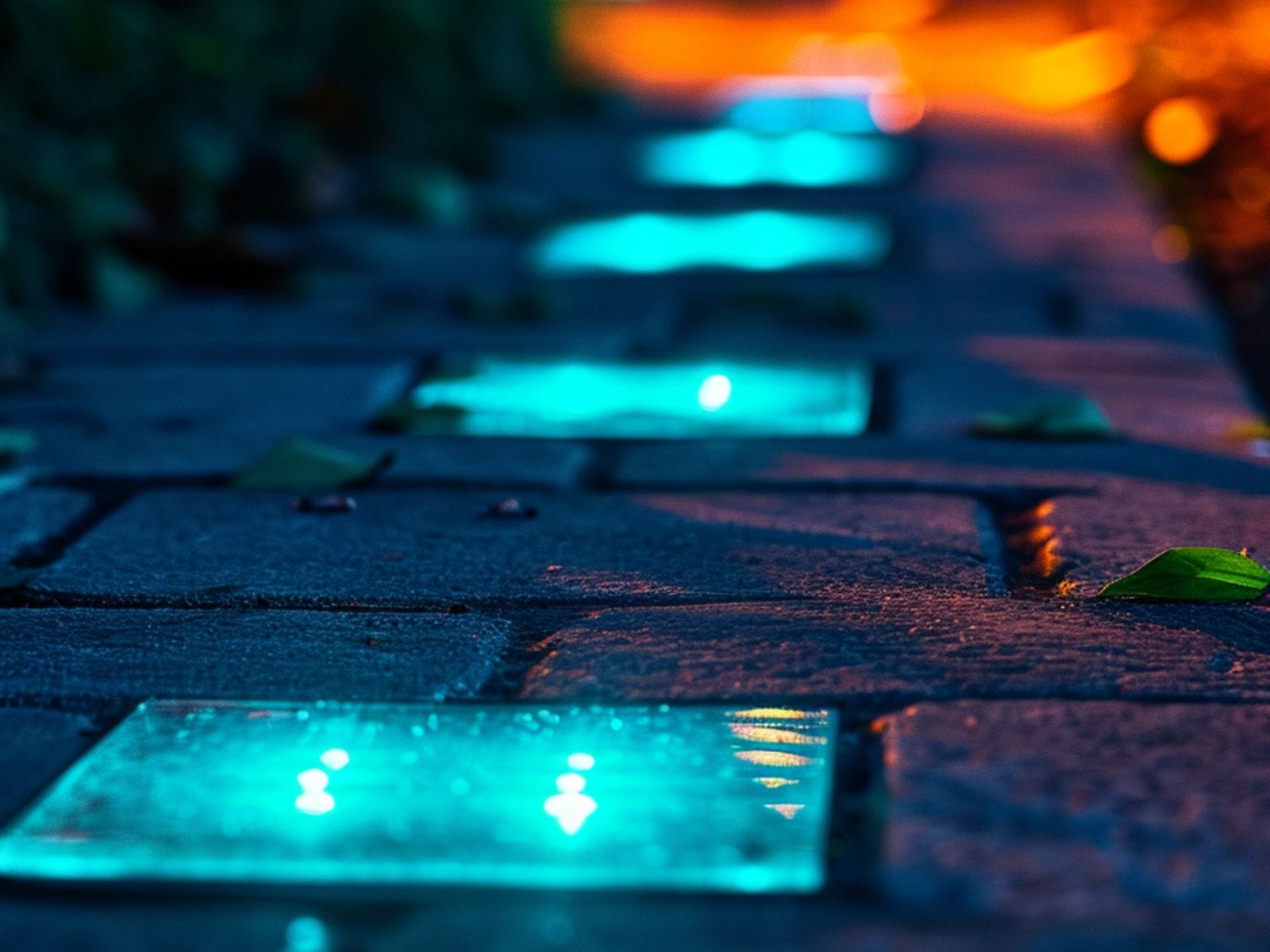backyard pathway with illuminated floor tiles