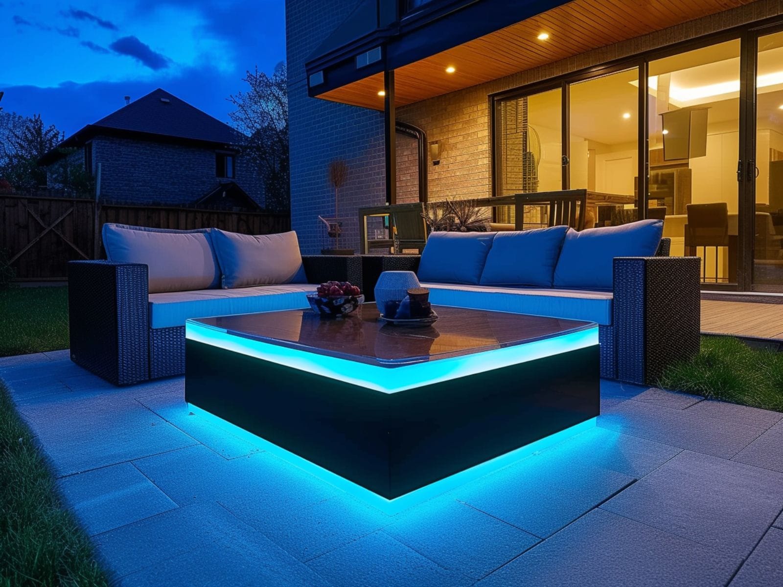 illuminated furniture in a backyard patio
