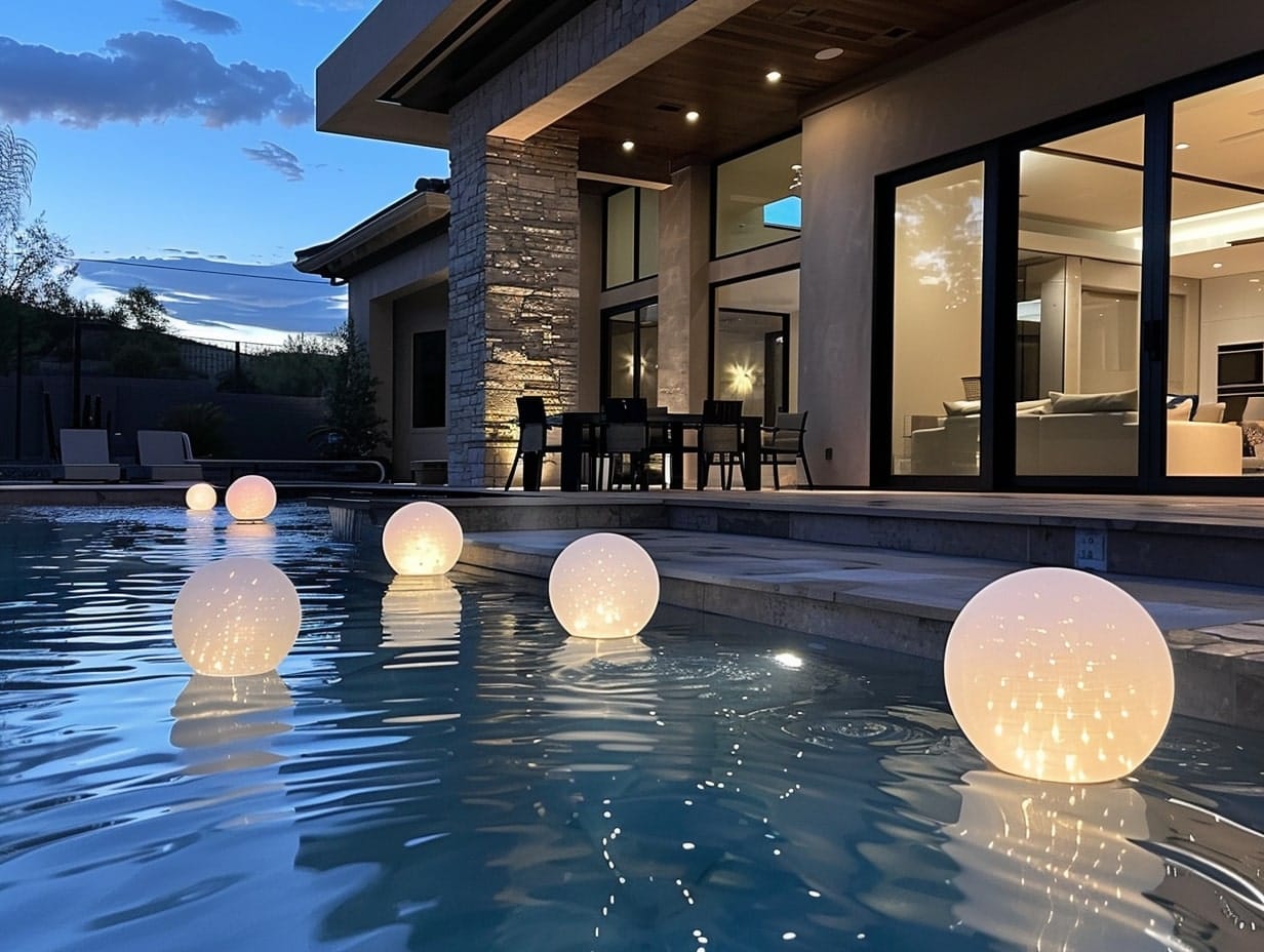 Floating LED lights illuminating a pool adjacent to a patio