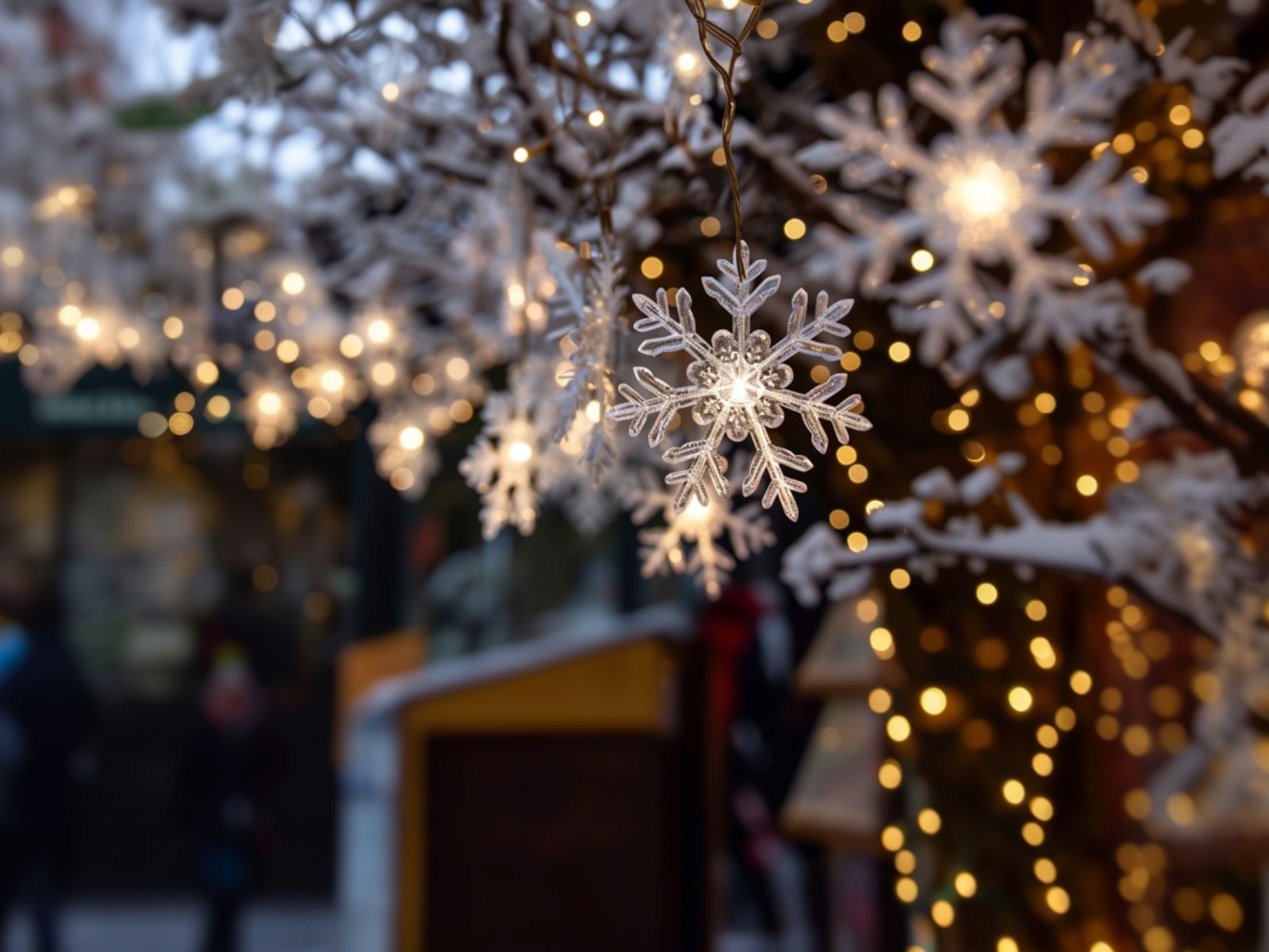 Snowflake lights installed on a front yard tree