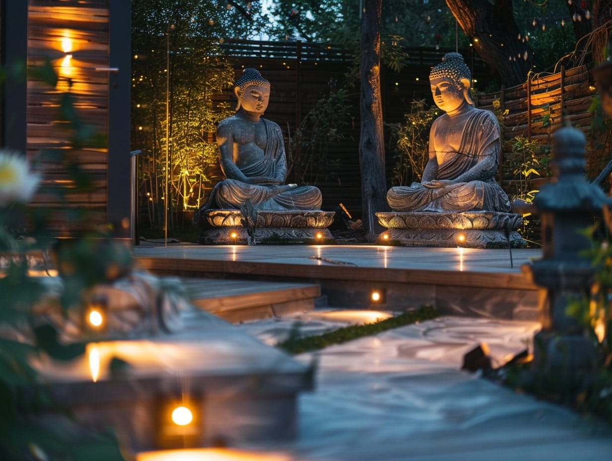 LED spotlights illuminating sculptures on a patio