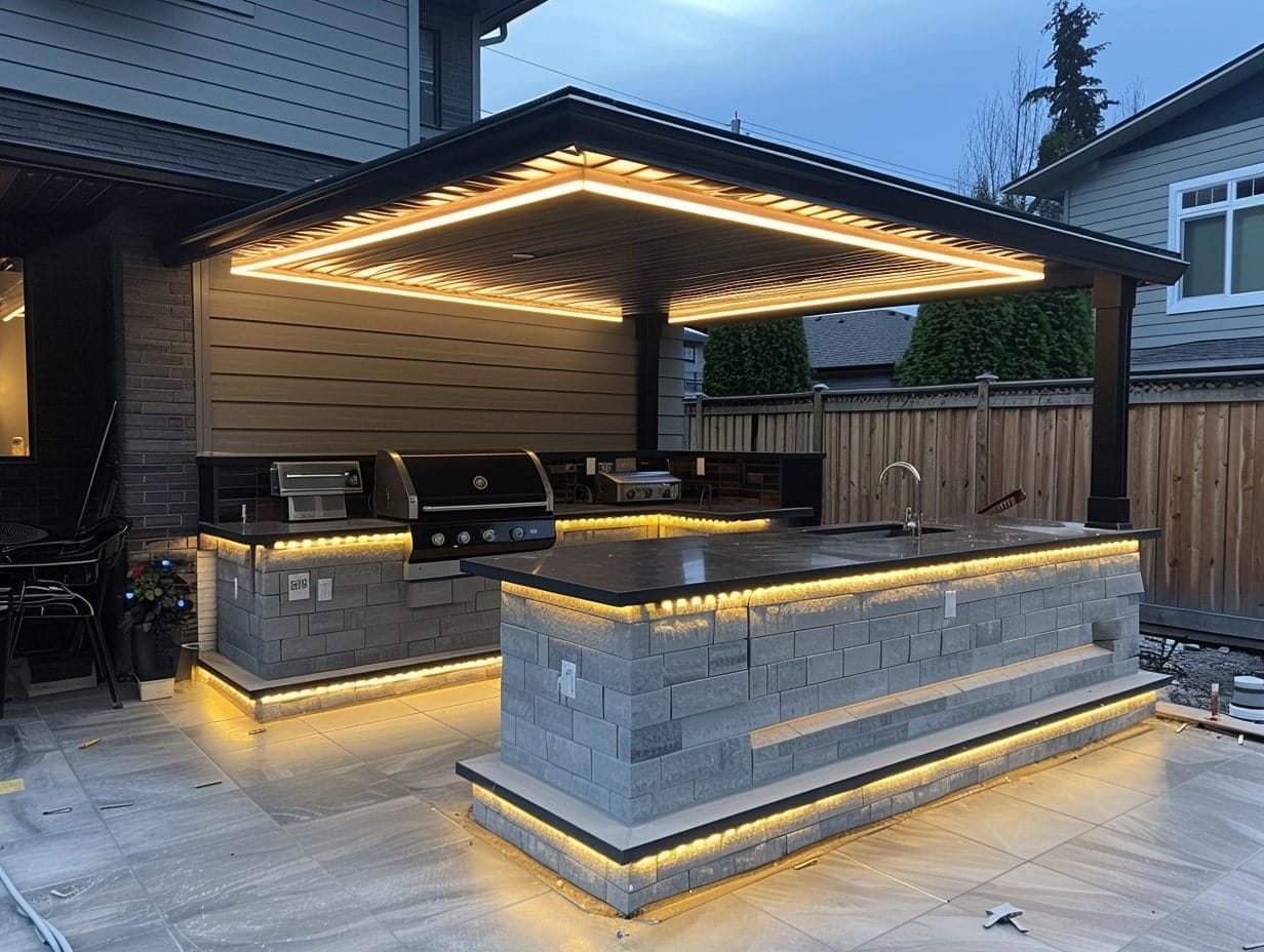 LED strip lights installed on the boundaries of patio kitchen counters