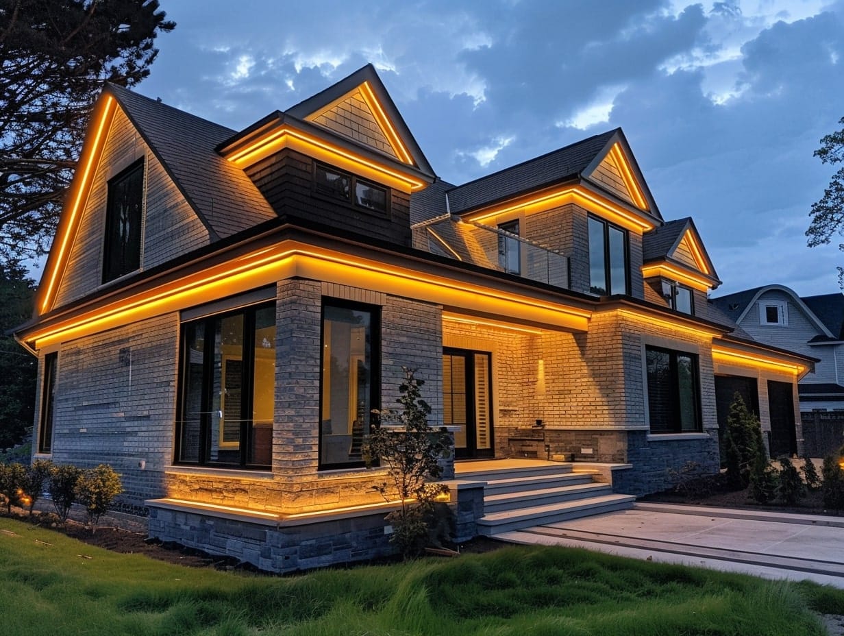 Roof eaves in the front of the house illuminated by LED strip lights