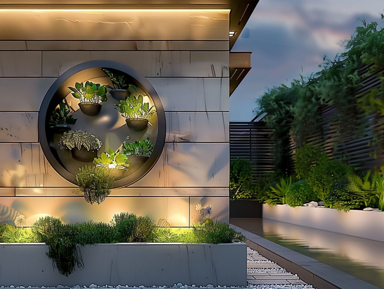 A big LED wall planter installed on a backyard wall