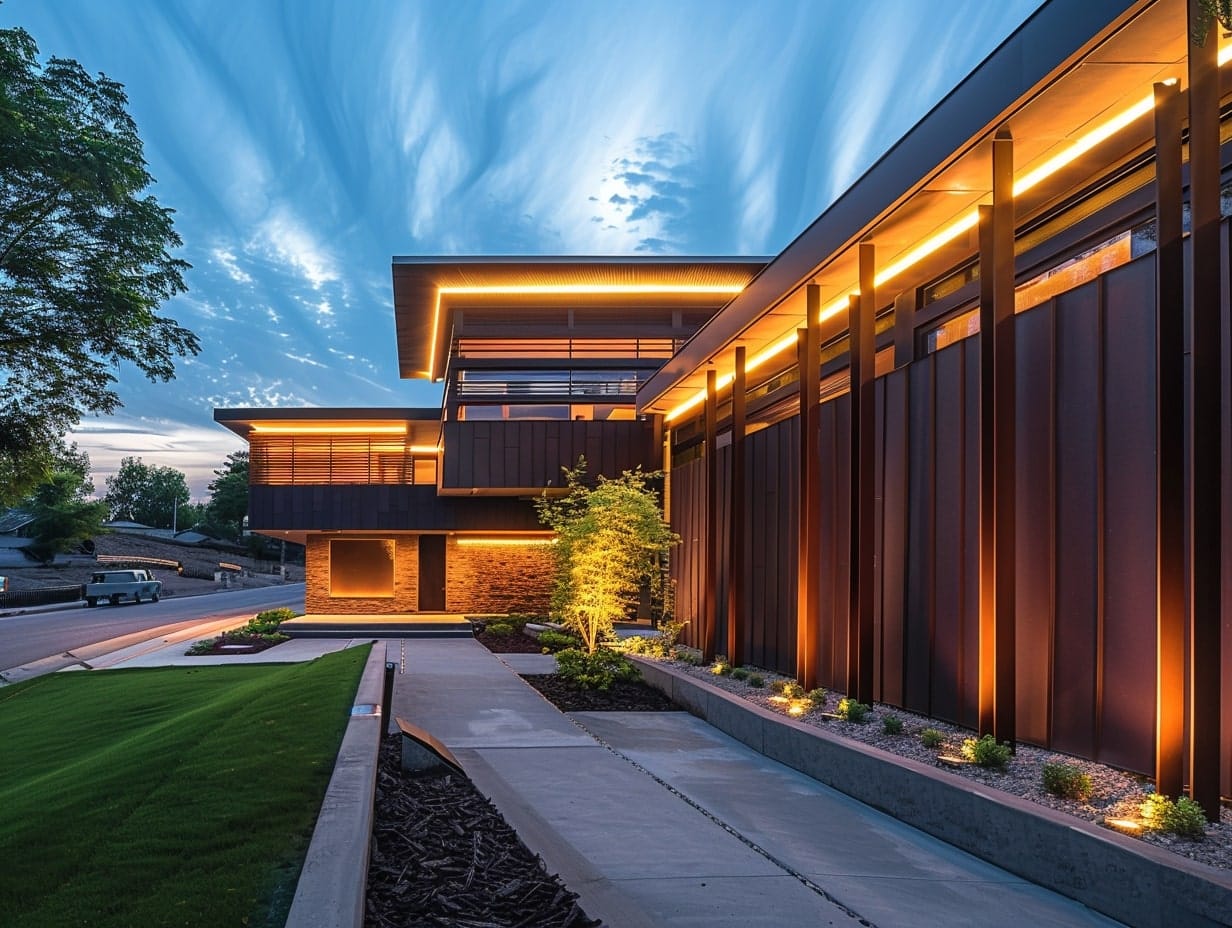 Wall washers illuminating entryway walls of a house