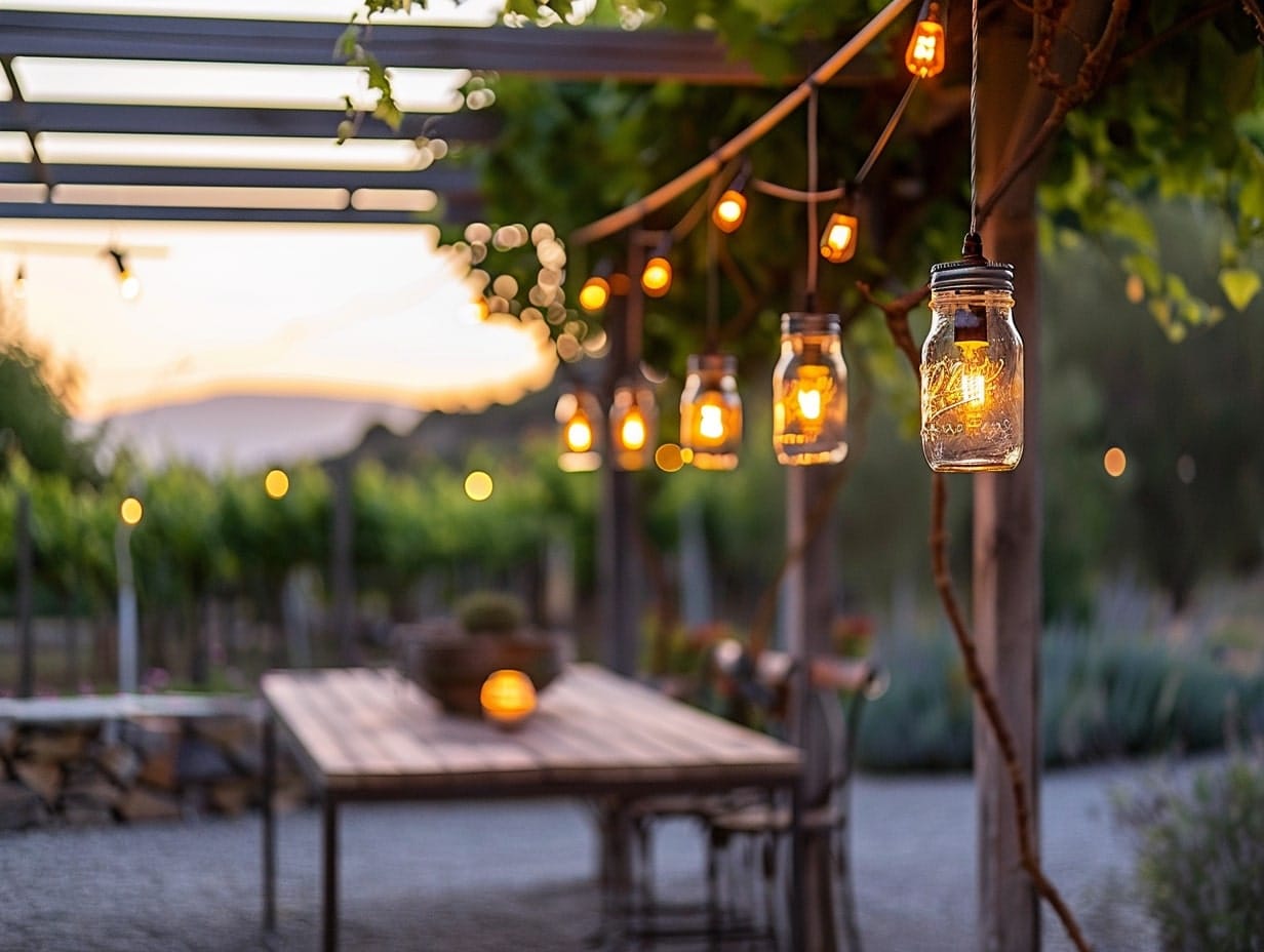 Mason jar lights hanging from a patio roof