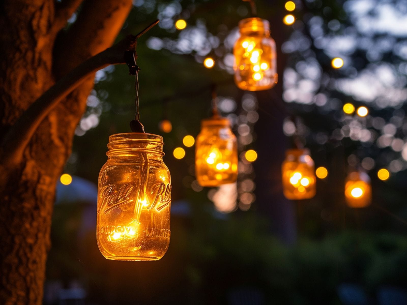mason jar lights hanging from a garden tree