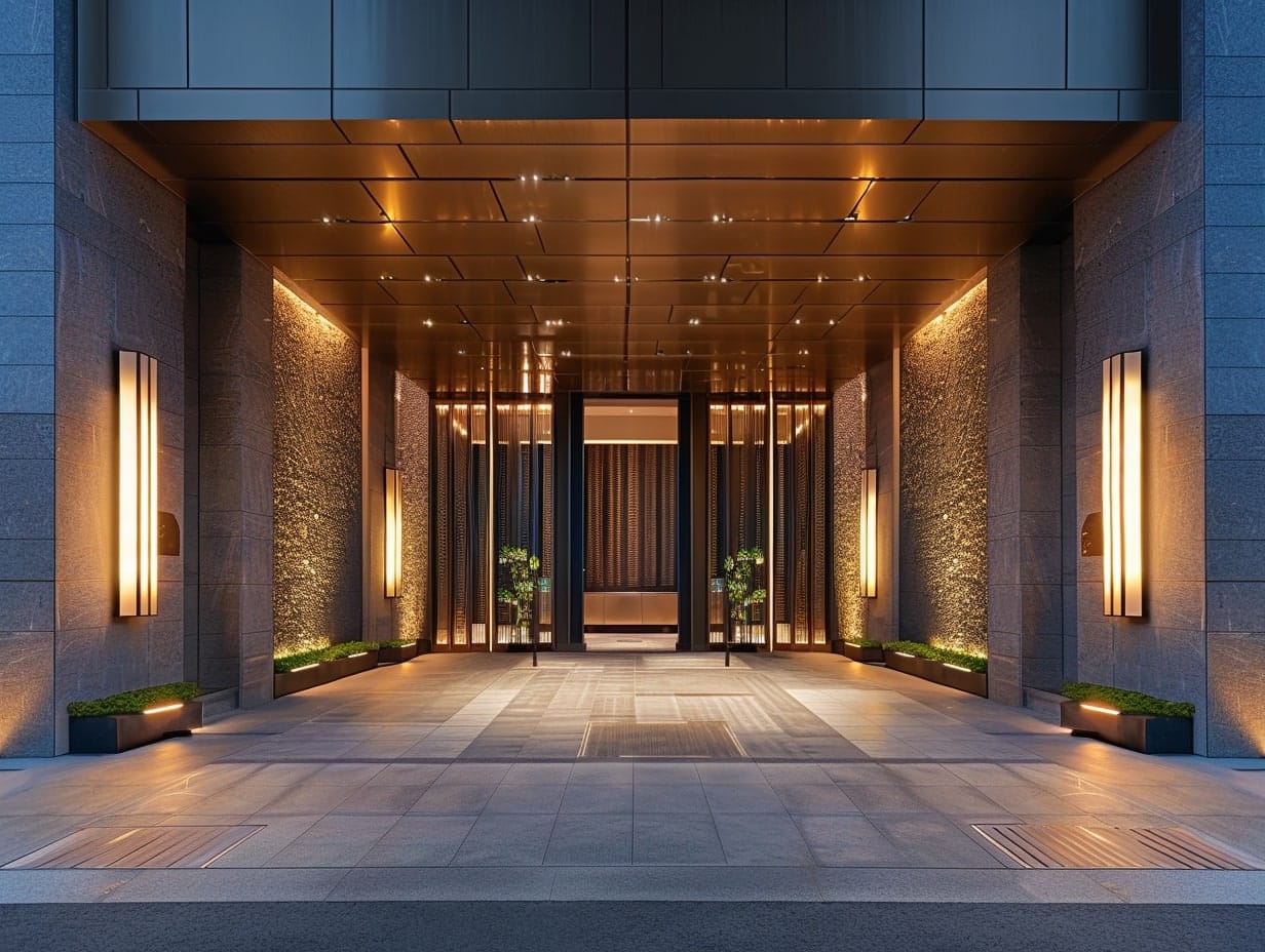 Artistic wall lights installed on the wall near the front entrance of a house