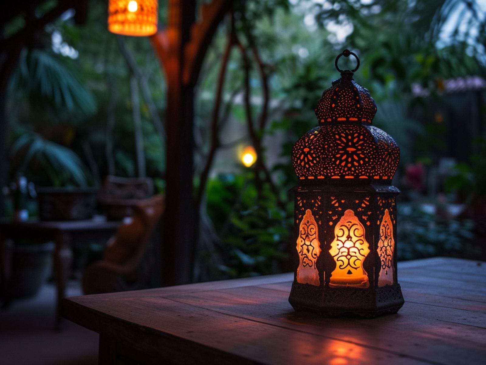 moroccan lantern on a table in the backyard