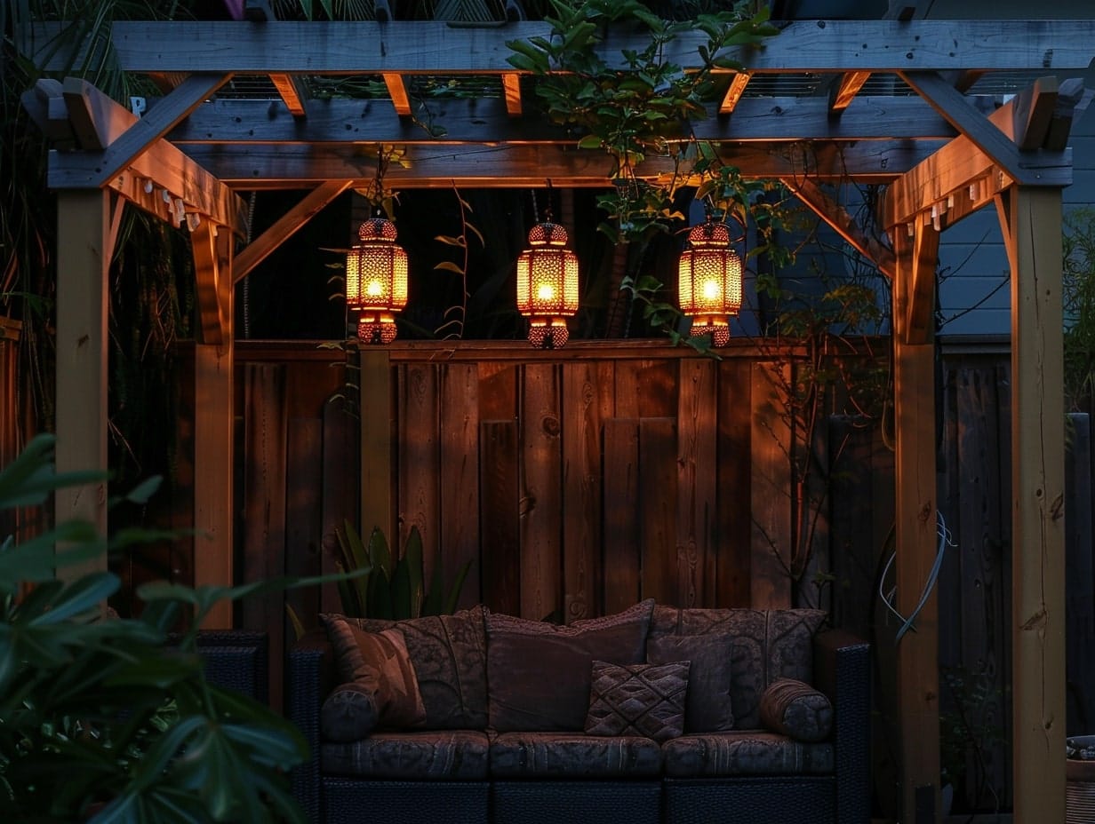 Moroccan lanterns hanging from a pergola roof