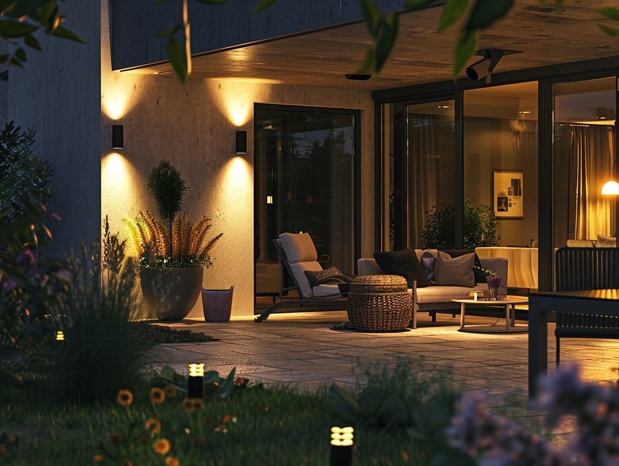 Motion-sensor wall sconces installed on a patio wall