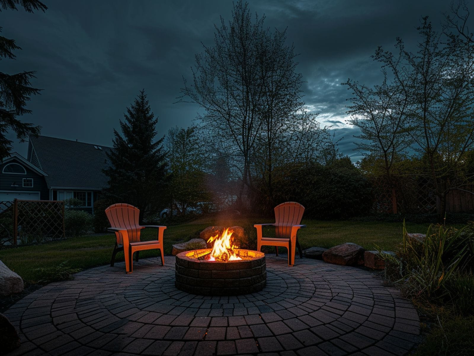 outdoor fire pit and furniture in a backyard