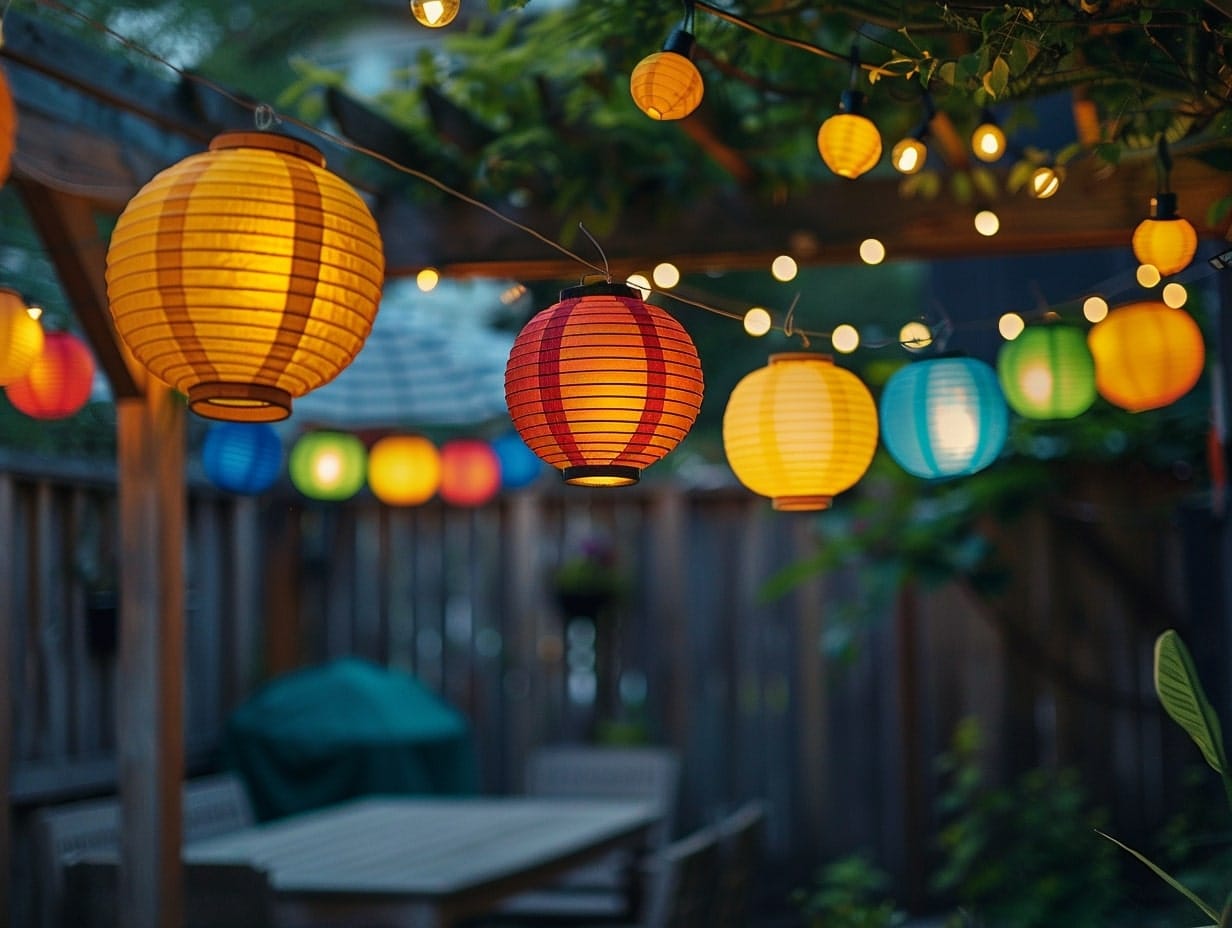 A canopy of paper lanterns covering a patio